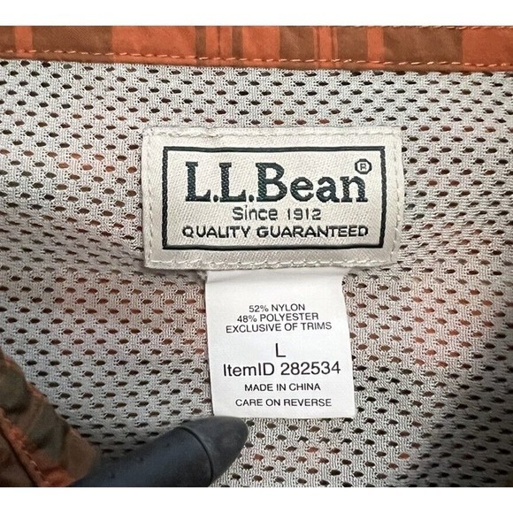 LL BEAN Orange/Green Plaid Short Sleeve Button Up Seersucker Shirt Preppy Large - Picture 4 of 4
